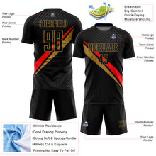 Load image into Gallery viewer, Custom Black Red-Old Gold Diagonal Lines Sublimation Soccer Uniform Jersey