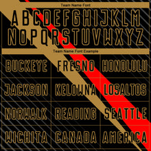 Load image into Gallery viewer, Custom Black Red-Old Gold Diagonal Lines Sublimation Soccer Uniform Jersey