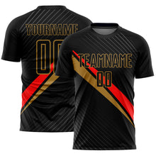 Load image into Gallery viewer, Custom Black Red-Old Gold Diagonal Lines Sublimation Soccer Uniform Jersey