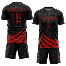 Load image into Gallery viewer, Custom Black Red Wind Shapes Sublimation Soccer Uniform Jersey