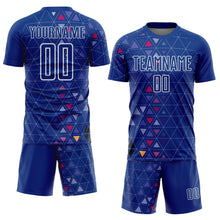 Load image into Gallery viewer, Custom Royal White Geometric Triangle Sublimation Soccer Uniform Jersey