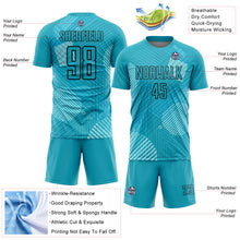 Load image into Gallery viewer, Custom Aqua Black Lines Sublimation Soccer Uniform Jersey
