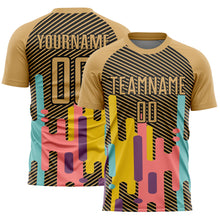 Load image into Gallery viewer, Custom Old Gold Black Lines Sublimation Soccer Uniform Jersey