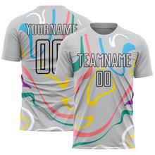 Load image into Gallery viewer, Custom Gray Black Fluid Shapes Sublimation Soccer Uniform Jersey