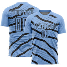 Load image into Gallery viewer, Custom Light Blue Black Lines And Dots Sublimation Soccer Uniform Jersey