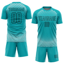 Load image into Gallery viewer, Custom Aqua Black Diagonal Lines Sublimation Soccer Uniform Jersey
