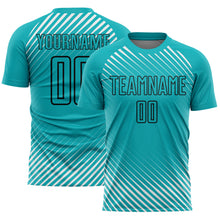 Load image into Gallery viewer, Custom Aqua Black Diagonal Lines Sublimation Soccer Uniform Jersey