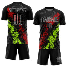 Load image into Gallery viewer, Custom Black Red-Neon Green Dripping Splatter Art Sublimation Soccer Uniform Jersey