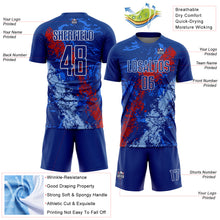 Load image into Gallery viewer, Custom Royal Red-Light Blue Dripping Splatter Art Sublimation Soccer Uniform Jersey