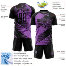 Load image into Gallery viewer, Custom Black Medium Purple Line Sublimation Soccer Uniform Jersey
