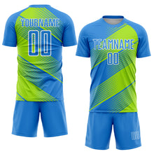 Load image into Gallery viewer, Custom Powder Blue Neon Green-White Line Sublimation Soccer Uniform Jersey