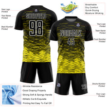 Load image into Gallery viewer, Custom Black Light Yellow-White Line Sublimation Soccer Uniform Jersey