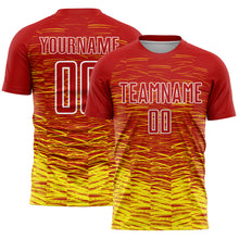 Load image into Gallery viewer, Custom Red Light Yellow-White Line Sublimation Soccer Uniform Jersey