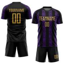 Load image into Gallery viewer, Custom Black Old Gold-Purple Abstract Shape Sublimation Soccer Uniform Jersey