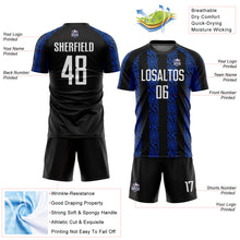 Load image into Gallery viewer, Custom Black White-Thunder Blue Abstract Shape Sublimation Soccer Uniform Jersey