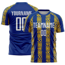 Load image into Gallery viewer, Custom Royal White-Yellow Abstract Shape Sublimation Soccer Uniform Jersey
