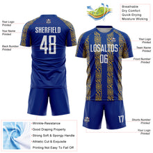 Load image into Gallery viewer, Custom Royal White-Old Gold Abstract Shape Sublimation Soccer Uniform Jersey