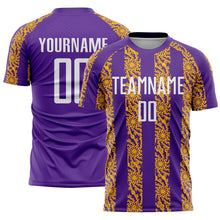 Load image into Gallery viewer, Custom Purple White-Gold Abstract Shape Sublimation Soccer Uniform Jersey