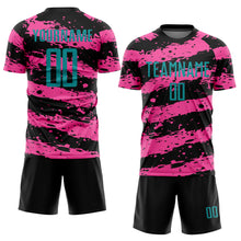Load image into Gallery viewer, Custom Black Teal-Pink Splash Sublimation Soccer Uniform Jersey