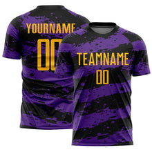 Load image into Gallery viewer, Custom Black Gold-Purple Splash Sublimation Soccer Uniform Jersey