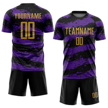 Load image into Gallery viewer, Custom Black Old Gold-Purple Splash Sublimation Soccer Uniform Jersey