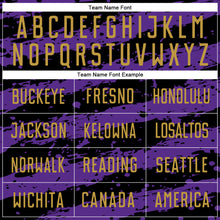 Load image into Gallery viewer, Custom Black Old Gold-Purple Splash Sublimation Soccer Uniform Jersey