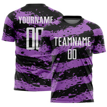 Load image into Gallery viewer, Custom Black White-Medium Purple Splash Sublimation Soccer Uniform Jersey