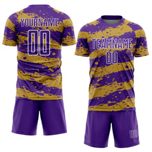 Load image into Gallery viewer, Custom Purple Old Gold-White Splash Sublimation Soccer Uniform Jersey
