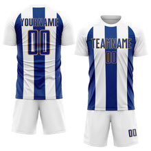 Load image into Gallery viewer, Custom White Royal-Old Gold Line Sublimation Soccer Uniform Jersey