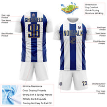 Load image into Gallery viewer, Custom White Royal-Old Gold Line Sublimation Soccer Uniform Jersey