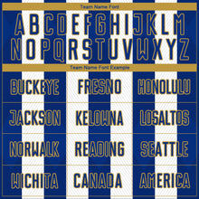 Load image into Gallery viewer, Custom White Royal-Old Gold Line Sublimation Soccer Uniform Jersey