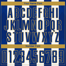 Load image into Gallery viewer, Custom White Royal-Old Gold Line Sublimation Soccer Uniform Jersey