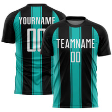 Load image into Gallery viewer, Custom Black White-Aqua Line Sublimation Soccer Uniform Jersey