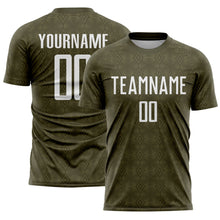 Load image into Gallery viewer, Custom Olive White Geometric Shapes Sublimation Salute To Service Soccer Uniform Jersey