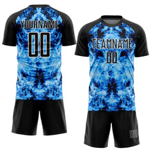 Load image into Gallery viewer, Custom Black Sky Blue-White Flame Sublimation Soccer Uniform Jersey