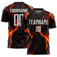 Load image into Gallery viewer, Custom Black White-Gold Flame Sublimation Soccer Uniform Jersey