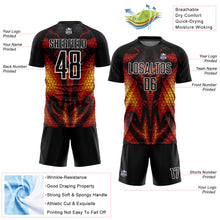 Load image into Gallery viewer, Custom Black Red-Gold Flame Sublimation Soccer Uniform Jersey