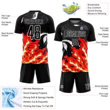 Load image into Gallery viewer, Custom Black Red-Orange Flame Sublimation Soccer Uniform Jersey