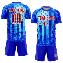 Load image into Gallery viewer, Custom Thunder Blue Red-White American Flag Flame Sublimation Soccer Uniform Jersey