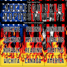 Load image into Gallery viewer, Custom Black Red Royal-Gold American Flag Flame Sublimation Soccer Uniform Jersey