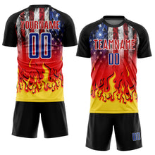 Load image into Gallery viewer, Custom Black Royal Red-Gold American Flag Flame Sublimation Soccer Uniform Jersey