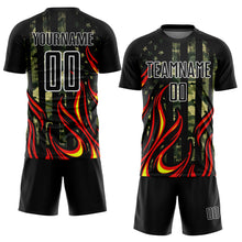Load image into Gallery viewer, Custom Camo Black Red-Gold Flame Sublimation Salute To Service Soccer Uniform Jersey