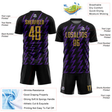 Load image into Gallery viewer, Custom Black Old Gold-Purple Zigzag Shape Sublimation Soccer Uniform Jersey
