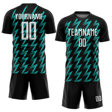Load image into Gallery viewer, Custom Black White-Aqua Zigzag Shape Sublimation Soccer Uniform Jersey