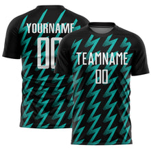 Load image into Gallery viewer, Custom Black White-Aqua Zigzag Shape Sublimation Soccer Uniform Jersey