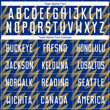 Load image into Gallery viewer, Custom Royal White-Old Gold Zigzag Shape Sublimation Soccer Uniform Jersey