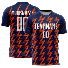Load image into Gallery viewer, Custom Navy White-Orange Zigzag Shape Sublimation Soccer Uniform Jersey