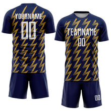 Load image into Gallery viewer, Custom Navy White-Old Gold Zigzag Shape Sublimation Soccer Uniform Jersey