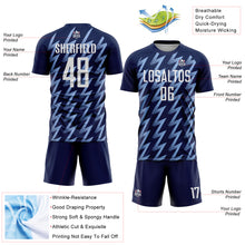 Load image into Gallery viewer, Custom Navy White-Light Blue Zigzag Shape Sublimation Soccer Uniform Jersey