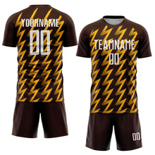 Load image into Gallery viewer, Custom Brown White-Gold Zigzag Shape Sublimation Soccer Uniform Jersey